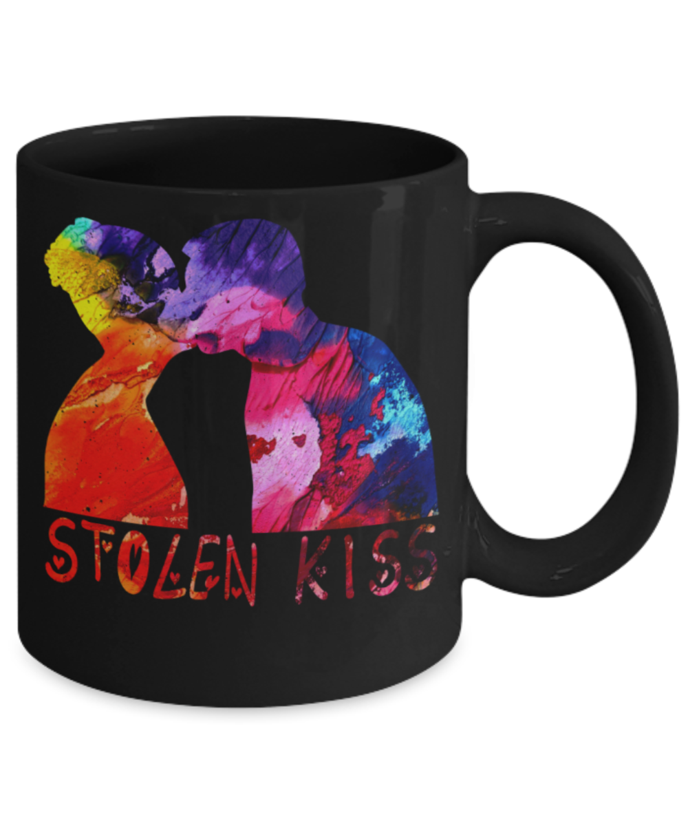Coffee mugs for lovers, Stolen Kiss - Funny Black Porcelain Coffee 11 oz