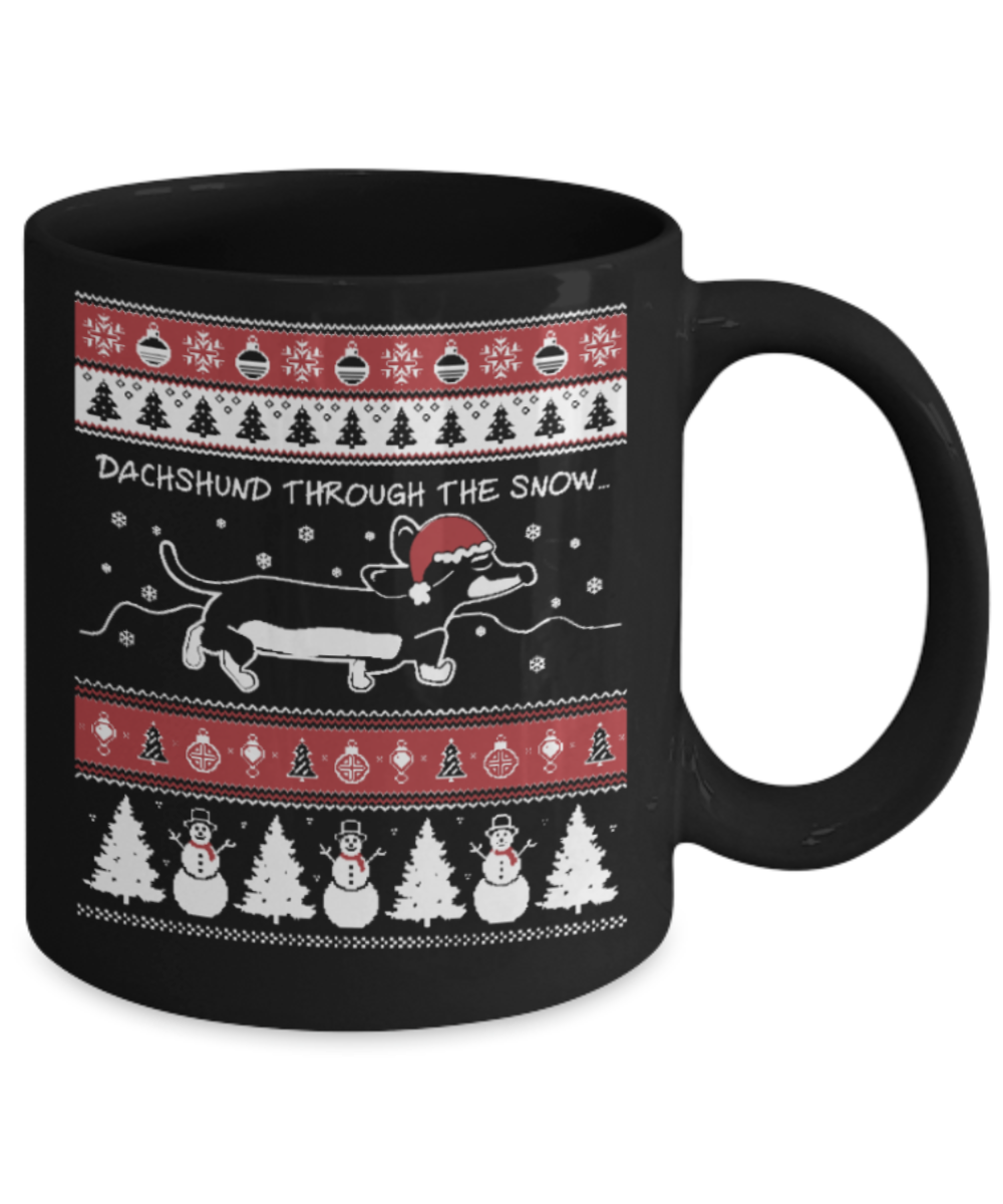 Peets coffee k cups christmas blend , Dashchund through the snow - Black Coffee Mug Porcelain Tea Cup 11 oz - Great Gift