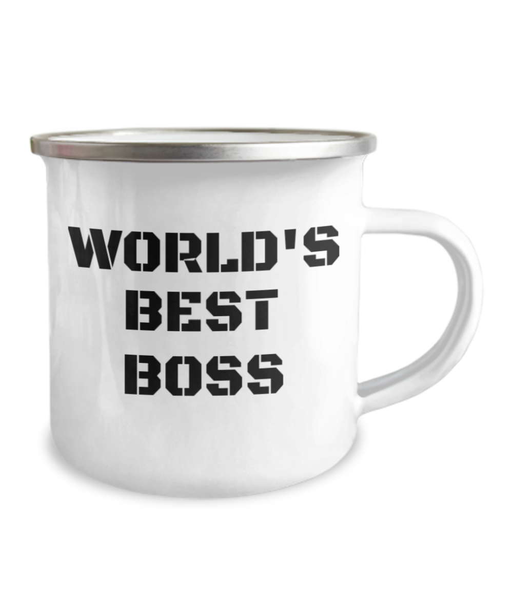 Boss Coffee Mug, Office Coffee Mug , Worlds Best Boss -12 Oz Stainless Steel Enamel Finish White Camper Coffee Mug