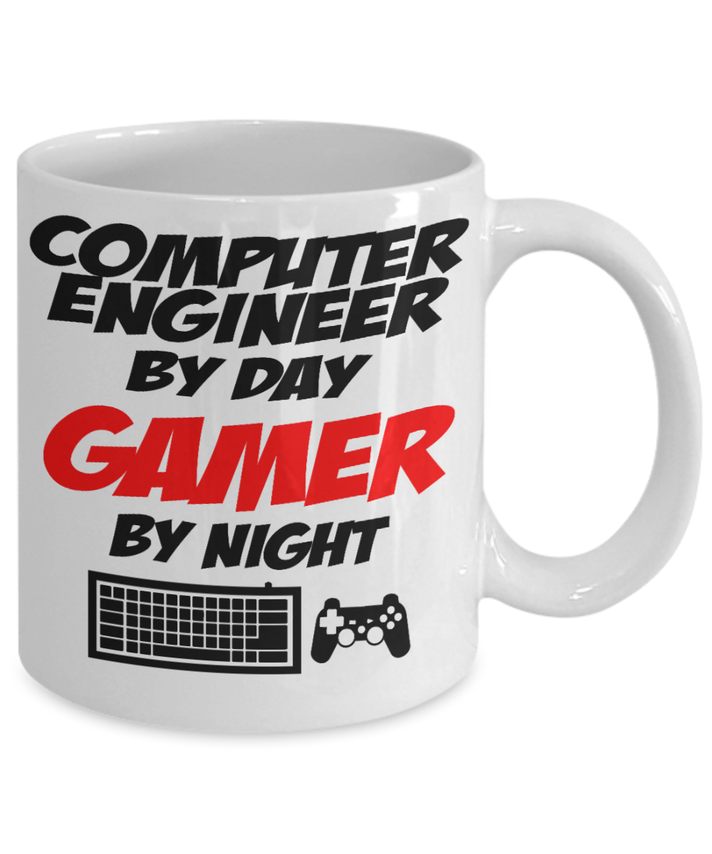 Retro Gamer Gift Coffee Mug,Computer Engineer By Day Gamer By Night-White Porcelain Coffee Mug 11 oz For Sister,Brother,Friend,Gamer