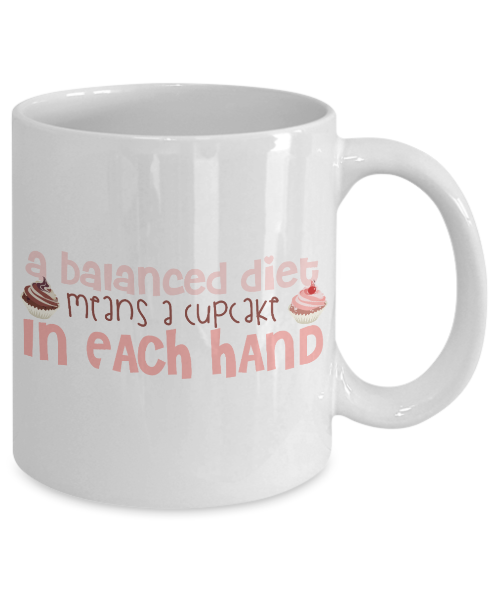 A Balanced Diet Means A Cupcake In Each Hand- White Porcelain Coffee Mug 11 Oz Funny Quotes Coffee Mug