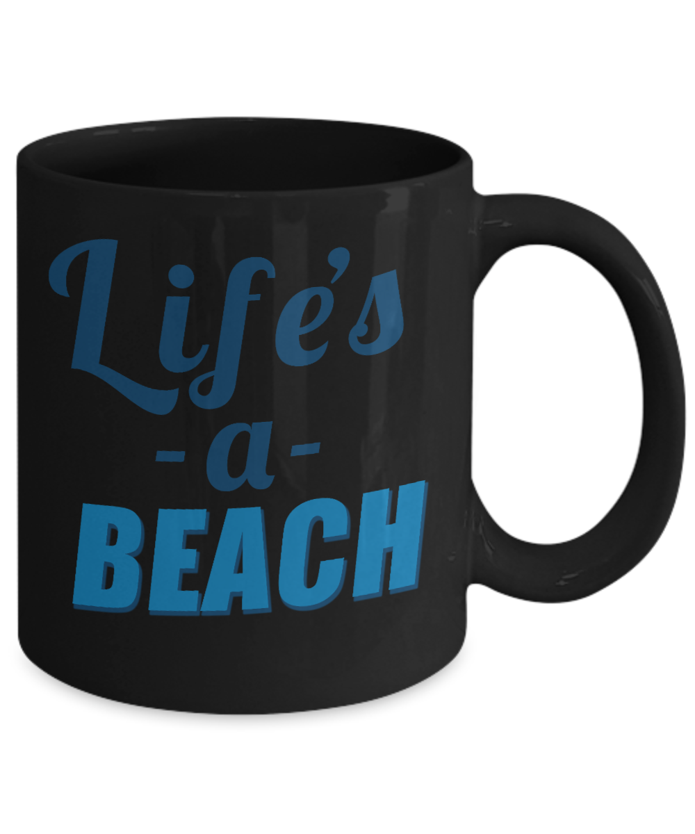 Beach Lover Coffee Mug, Life Is A Beach-Black Porcelain Coffee Mug 11 oz for camper,beach, outdoor, surfing, camping, cup