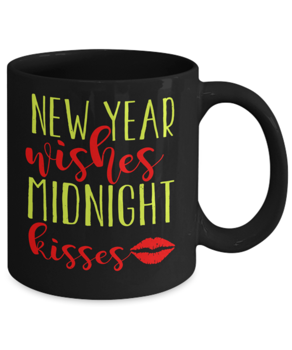 New Year gifts mugs, New year wishes Midnight kisses - Funny Black Porcelain Coffee Mug Cute Ceramic Cup 11 oz