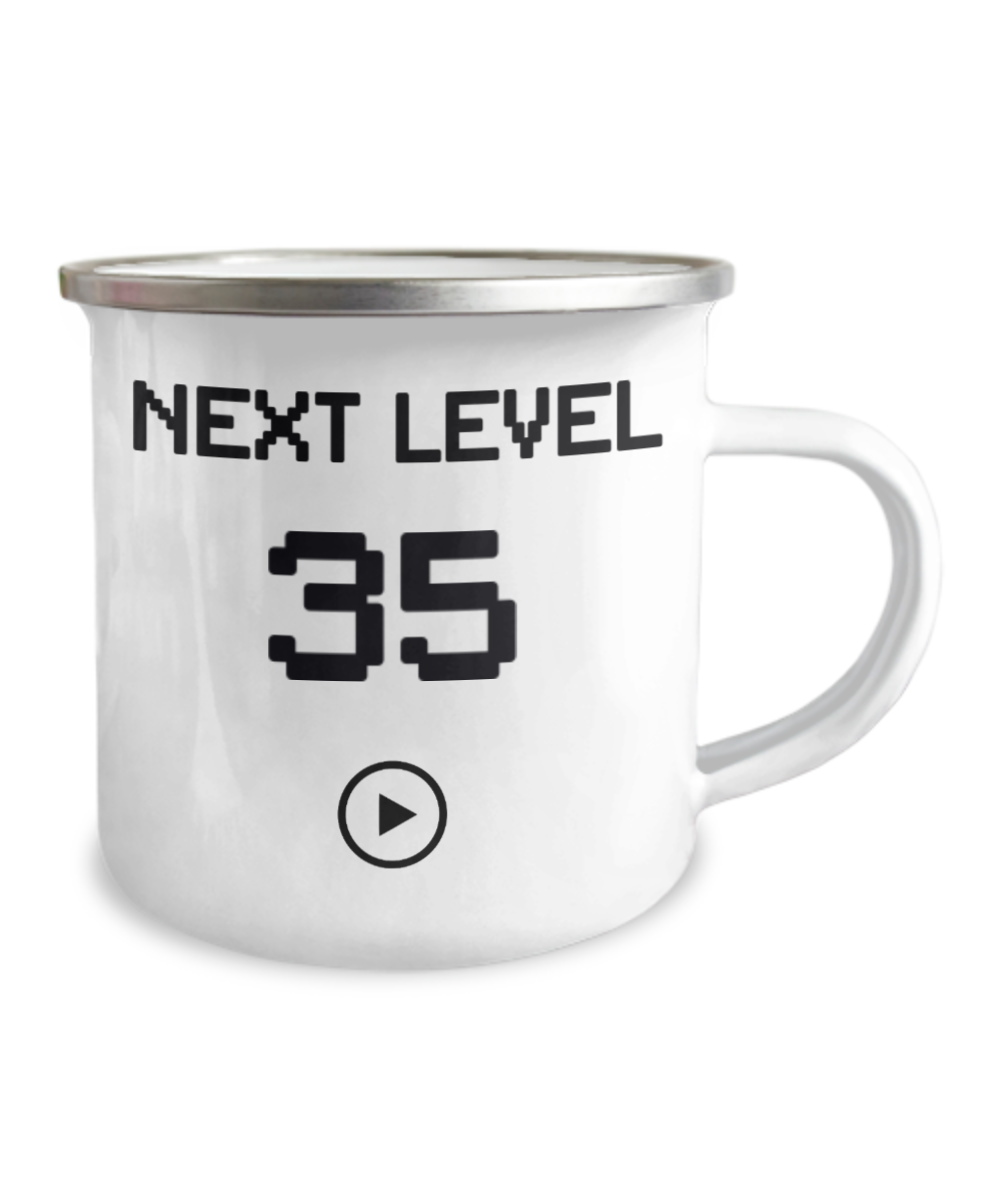 35th Birthday Special Gift Coffee Mug, Next Level 35, Gamer Coffee Mug, Birthday Mug- 12 Oz Stainless Steel Enamel Finish White Camper Coffee Mug