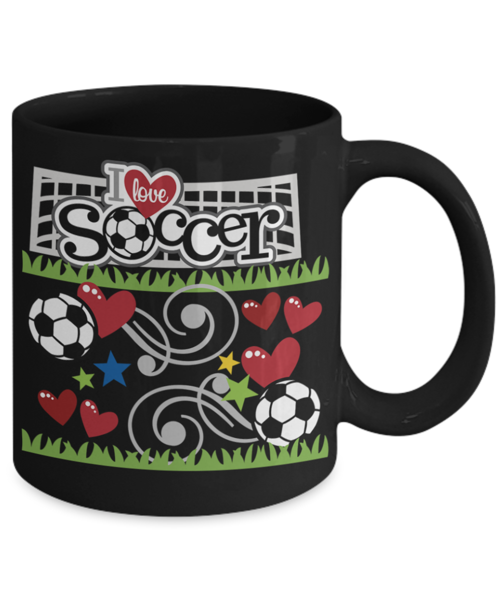 Soccer Coach Gift, I love Soccer - Black Porcelain Coffee 11 oz