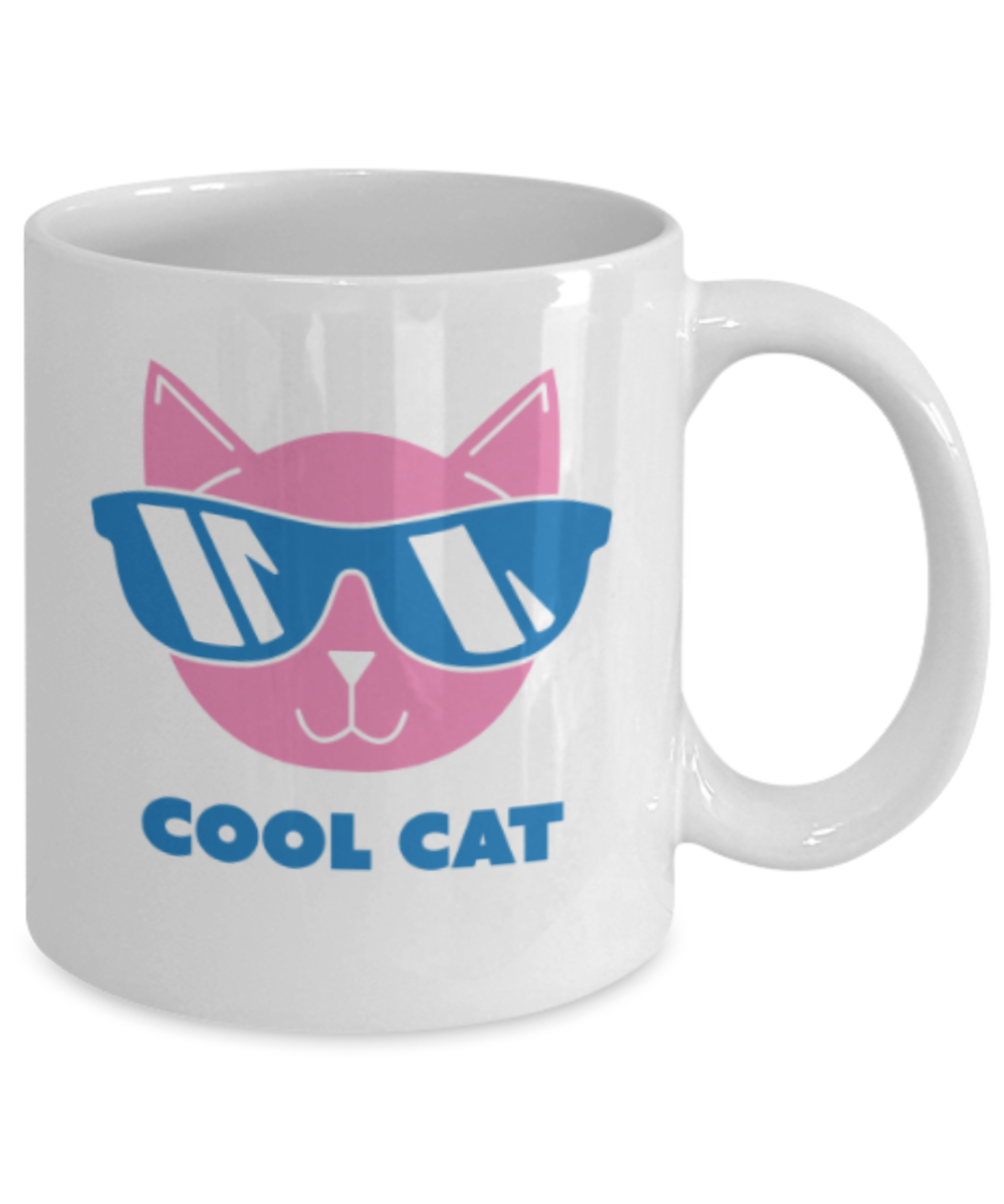Cat Lovers Gifts , Cool Cat - White Coffee Mug Porcelain Tea Cup 11 oz - Great Gift