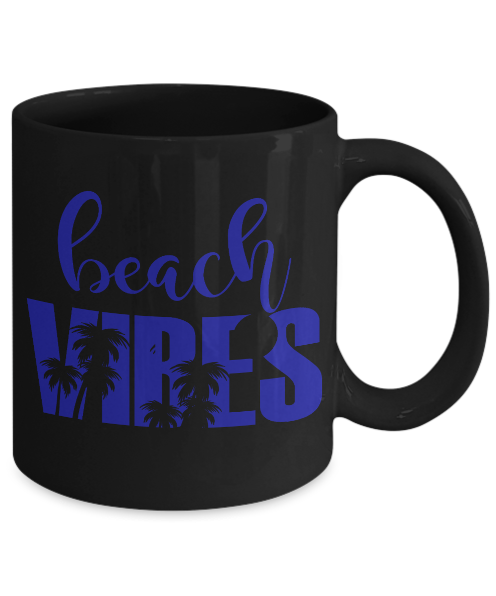 Beach Lover Coffee Mug, Beach Vibes-Black Porcelain Coffee Mug 11 oz for camper,beach, outdoor, surfing, camping, cup