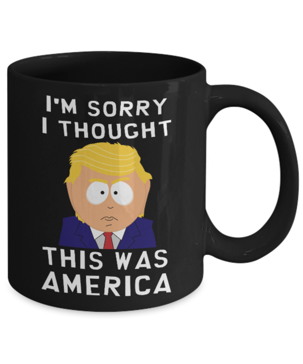 Politics lovers mugs Politicians , I'm sorry I Thought this was America - Black Coffee Mug Porcelain Tea Cup 11 oz - Great Gift