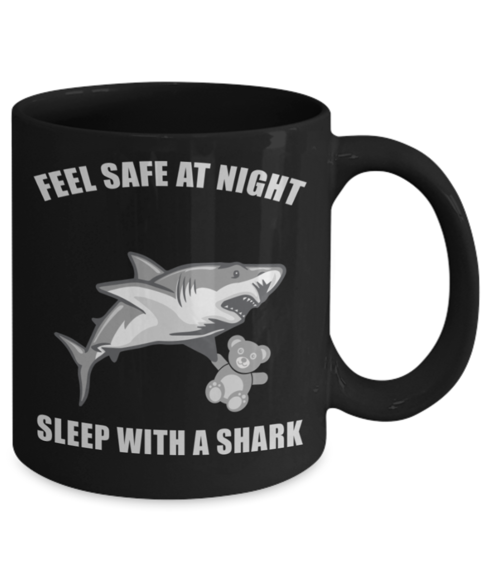 Shark Lovers Mugs , Sleep with a shark - Black Coffee Mug Porcelain Tea Cup 11 oz - Great Gift