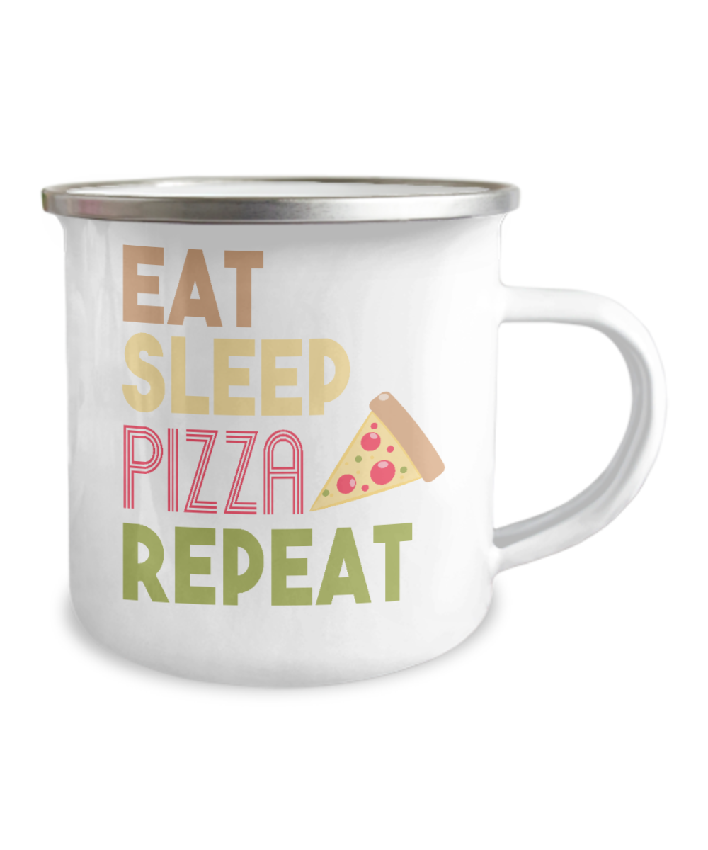 Pizza Lover Coffee Mug, Eat Sleep Pizza Repeat- 12 Oz Stainless Steel Enamel Finish White Camper Coffee Mug