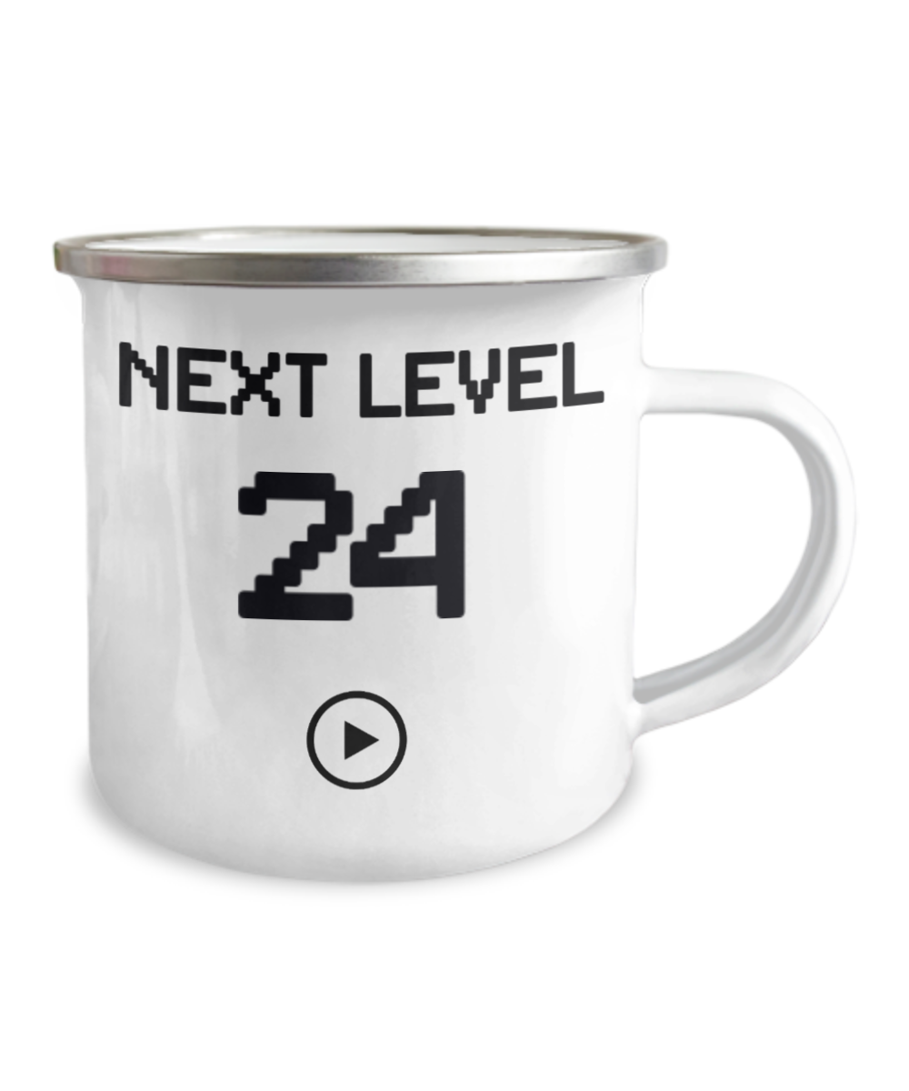 24th Birthday Special Gift Coffee Mug, Next Level 24, Gamer Coffee Mug, Birthday Mug- 12 Oz Stainless Steel Enamel Finish White Camper Coffee Mug