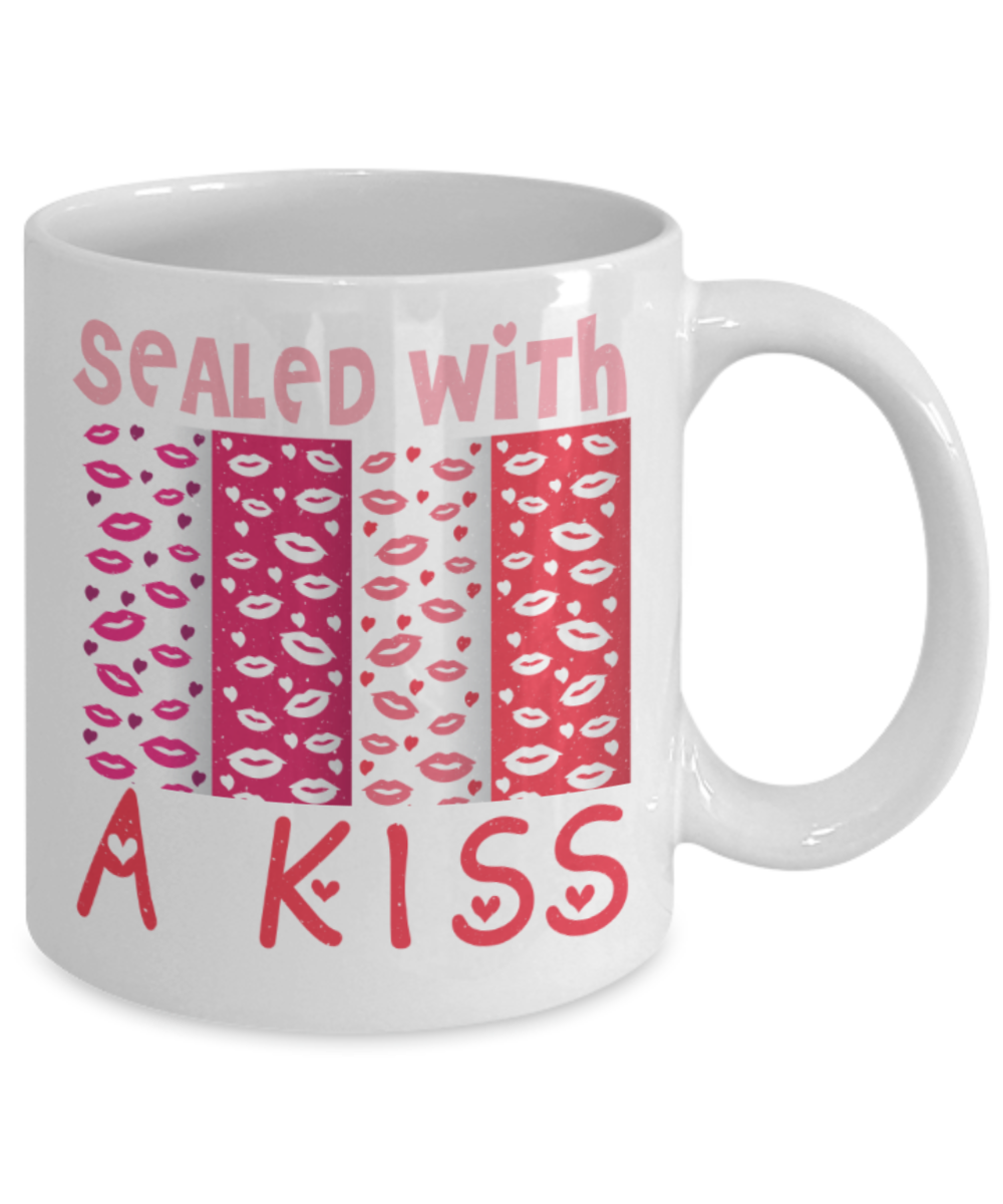 Kiss Lovers Mugs, Sealed with a Kiss - Funny White Porcelain Coffee 11 oz