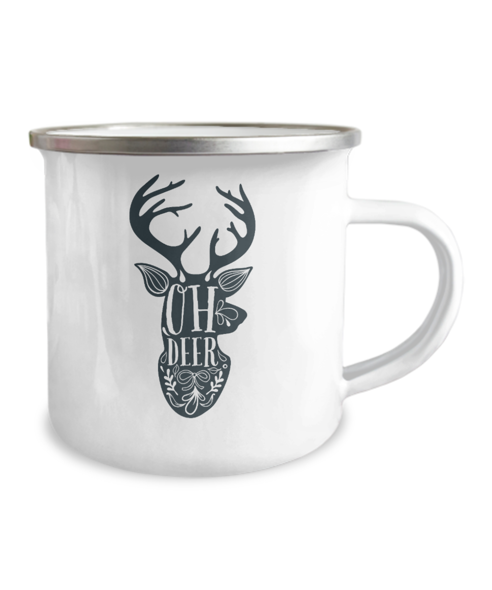 Oh Deer Camper Coffee mugs - Funny Christmas Cups- 12 Oz Stainless Steel Enamel Finish White Camper Coffee Mug