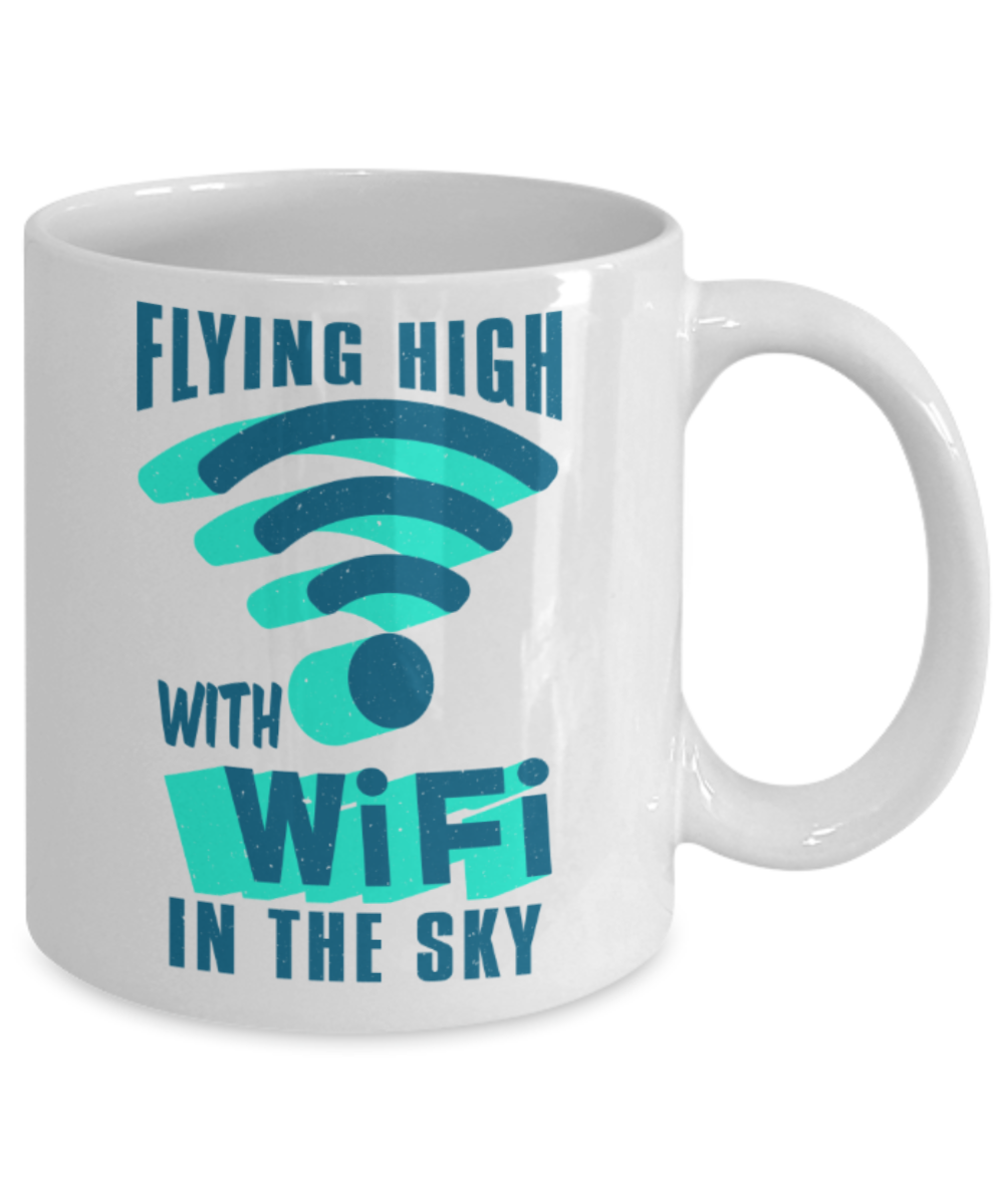 Wifi lovers Mugs, Flying high with wifi in the sky - Funny White Porcelain Coffee 11 oz