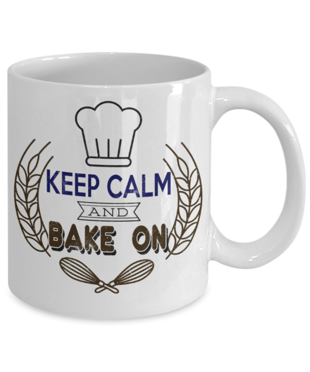 Cooking Lovers Mugs, Keep calm and Bake on - Funny White Porcelain Coffee 11 oz