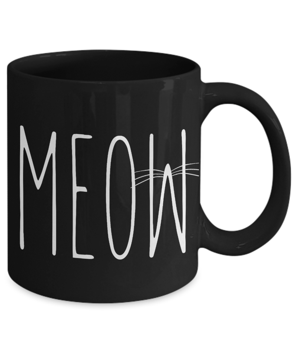 Cat Lover Coffee Mug, MEOW- Black Porcelain Coffee Mug 11 Oz for cat lover, mom, dad