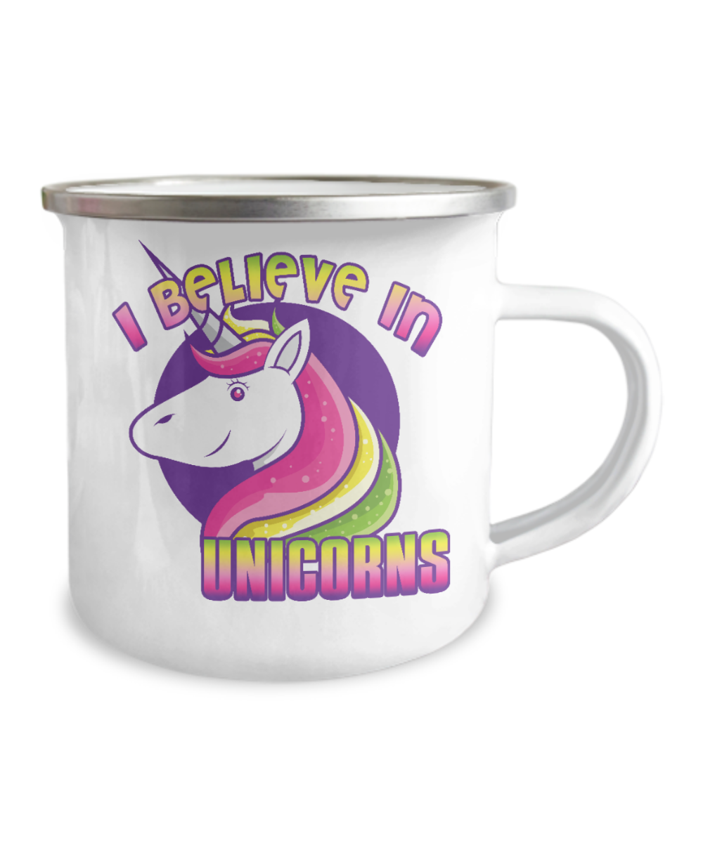 Unicorn Coffee mug, I Believe In Unicorns, Teen Coffee mug, Unicorn aunt, Unicorn teen-12 Oz Stainless Steel Enamel Finish White Camper Coffee Mug