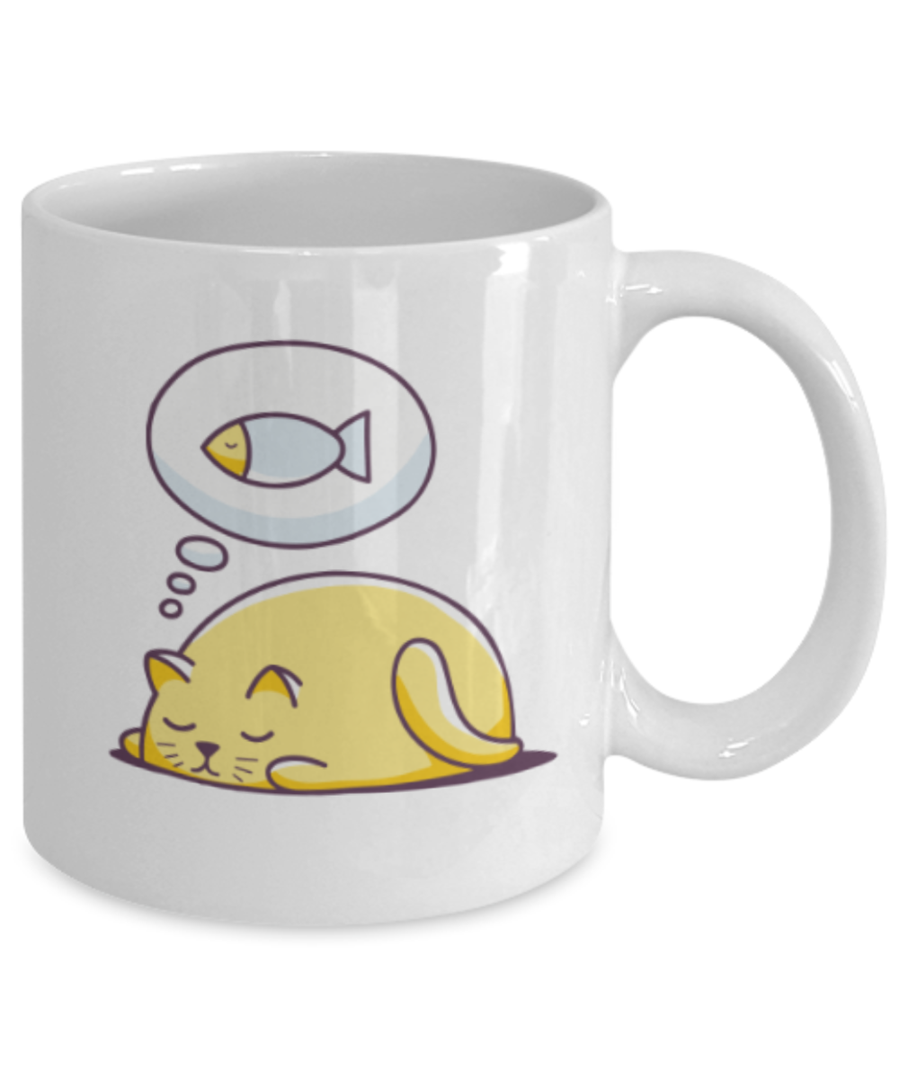 Gift gor cat lovers , Cats dreams fish - White Coffee Mug Porcelain Tea Cup 11 oz - Great Gift