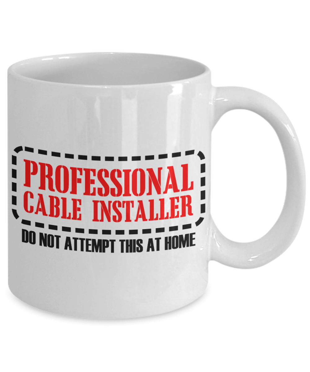 Funny Network Engineer Gift Coffee Mug, Professional Cable Installer Do Not Attempt This At Home-White Porcelain Coffee Mug 11 oz for Network Engineers, Cable Installers, Data Center, Gift