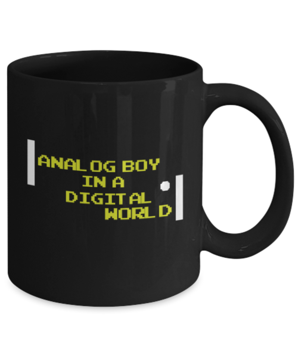 Pop culture lovers mugs , Analog boy in a Digital world - Black Coffee Mug Porcelain Tea Cup 11 oz - Great Gift