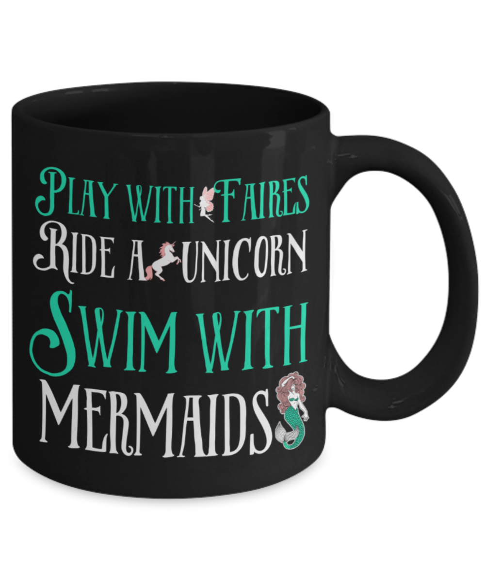 Mermaids lovers Mugs , Swim with Mermaids - Black Coffee Mug Porcelain Tea Cup 11 oz - Great Gift