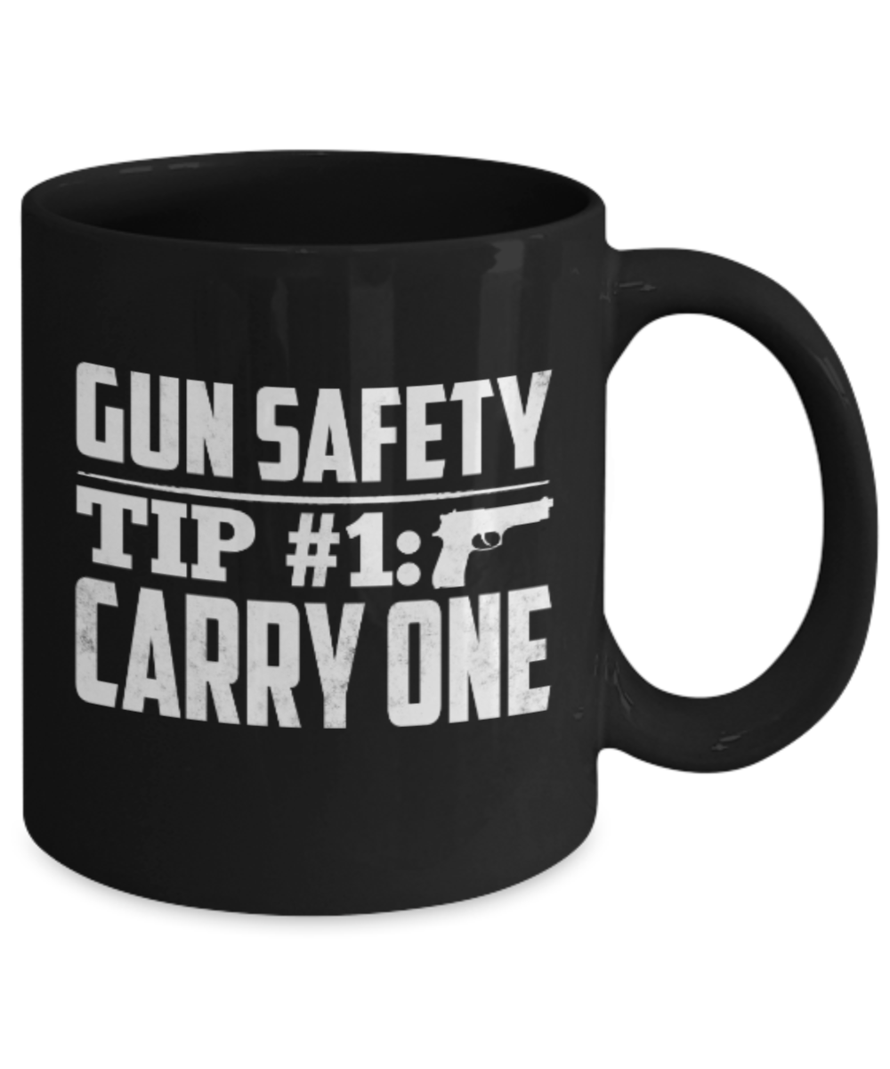 Gunrights Mugs, Gun Safety Carry One - Black Coffee Mug Porcelain Tea Cup 11 oz - Great Gift