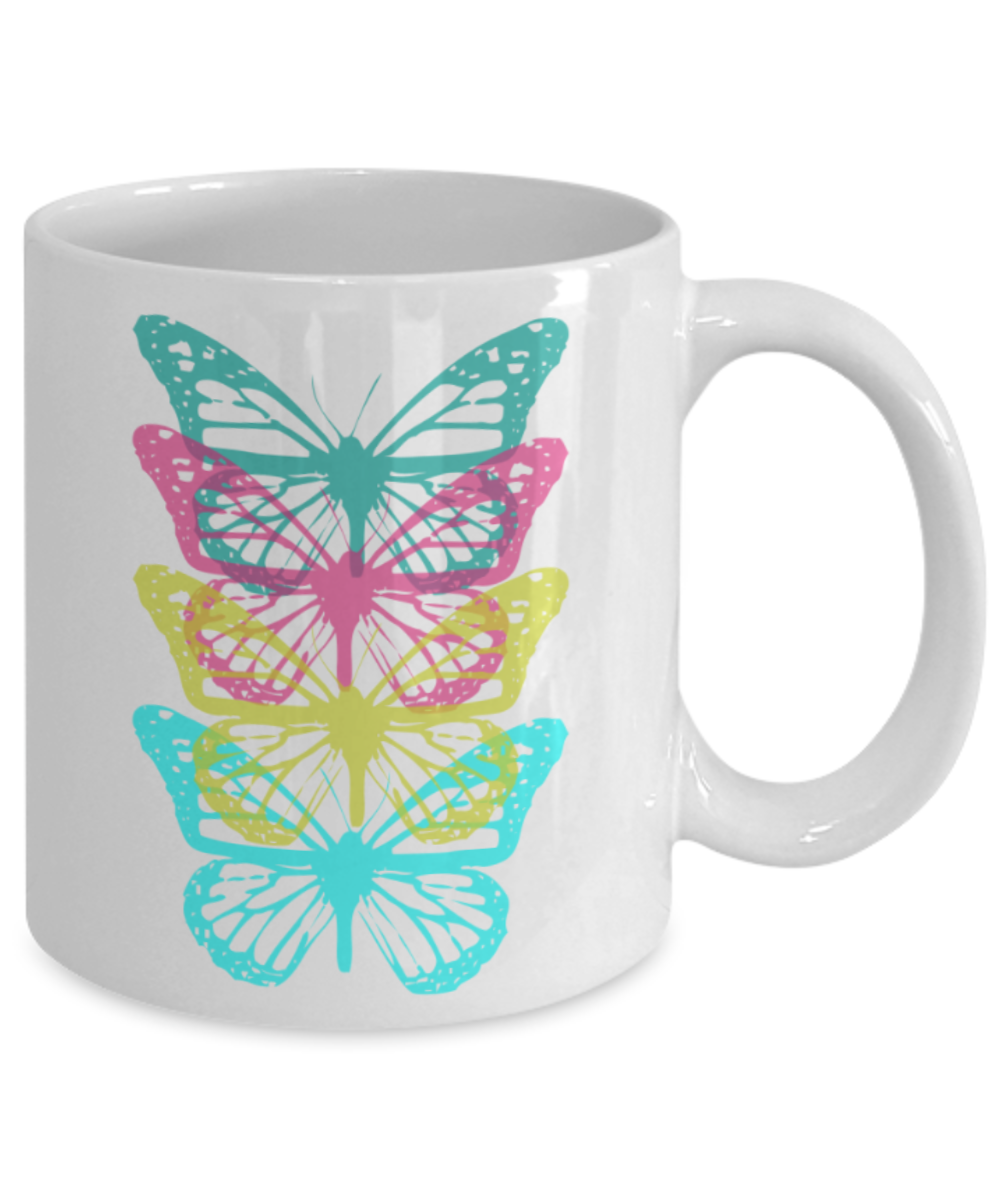 Gift gor Buterfly lovers , Butterfly rainbow - White Coffee Mug Porcelain Tea Cup 11 oz - Great Gift