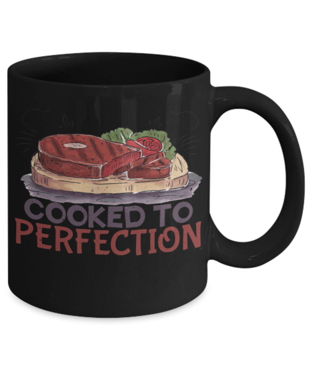 Food Lovers Mugs, Cooked to perfection - Funny Black Porcelain Coffee 11 oz