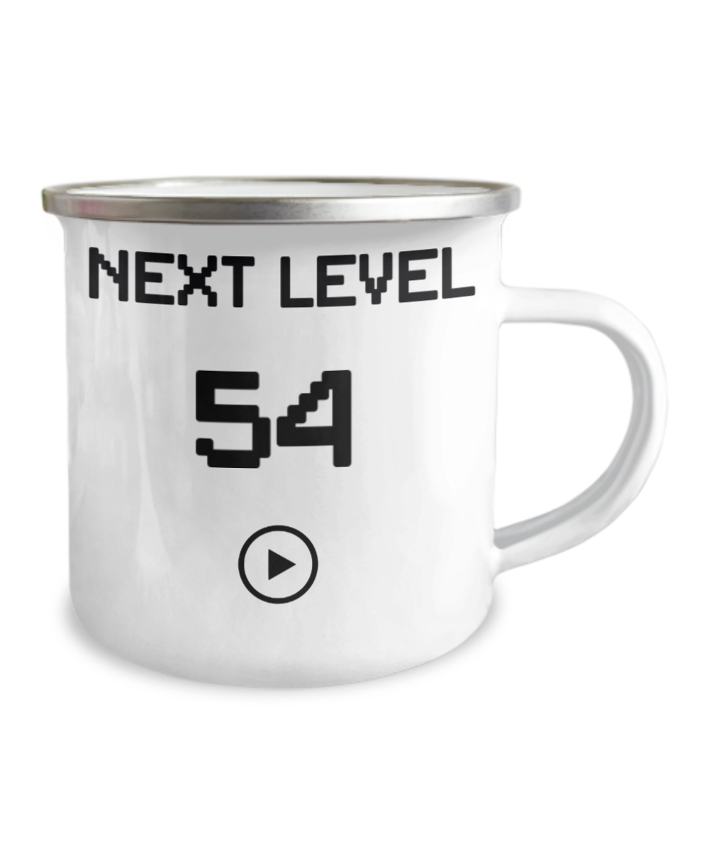 54th Birthday Coffee Mug, Next Level 54, Gamer Coffee Mug, Birthday Mug- 12 Oz Stainless Steel Enamel Finish White Camper Coffee Mug