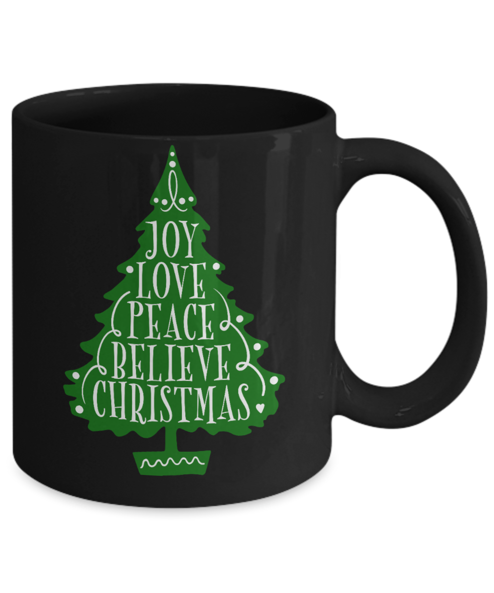 Knightmare before christmas mug - Joy Love Peace Believe Christmas - Funny Christmas Gifts Mugs, Christmas Gifts for family Ceramic Cup Black, Funny Mugs Gift Ideas 11 Oz