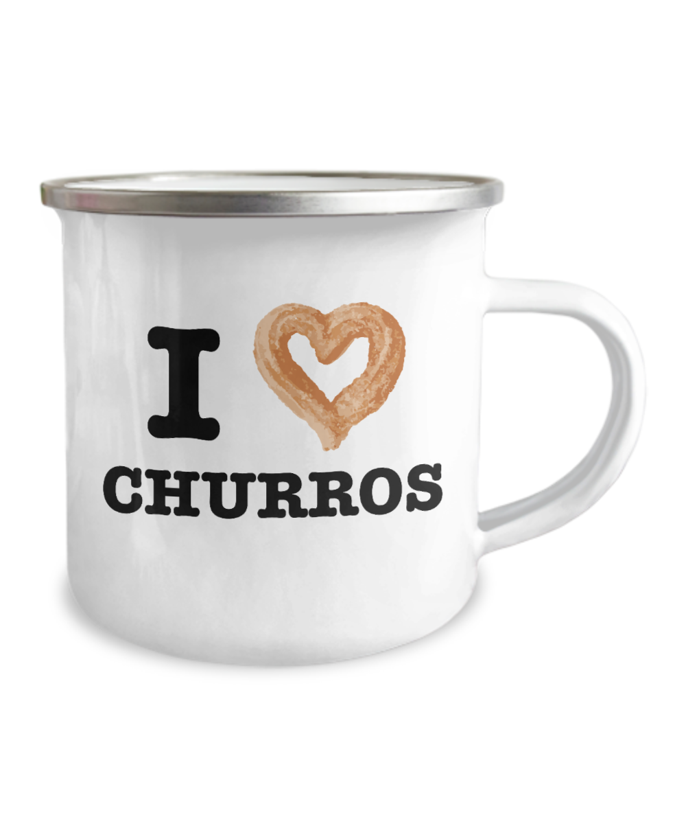Beer Food Lovers Coffee mugs , I Love Churros-12 Oz Stainless Steel Enamel Finish White Camper Coffee Mug
