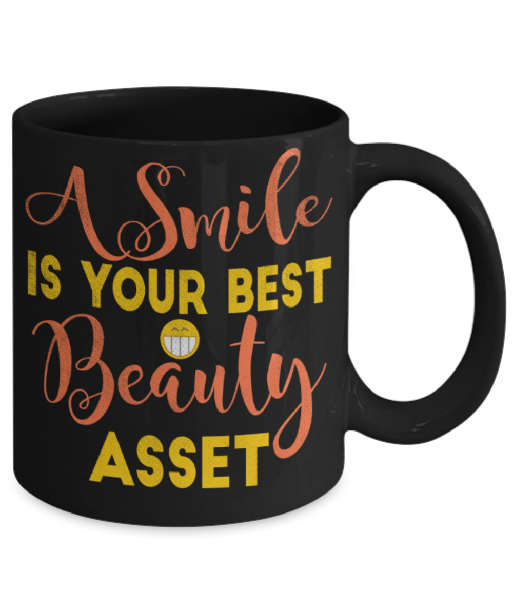 Smile lovers Mugs, A smile is your best beauty asset - Funny Black Porcelain Coffee 11 oz