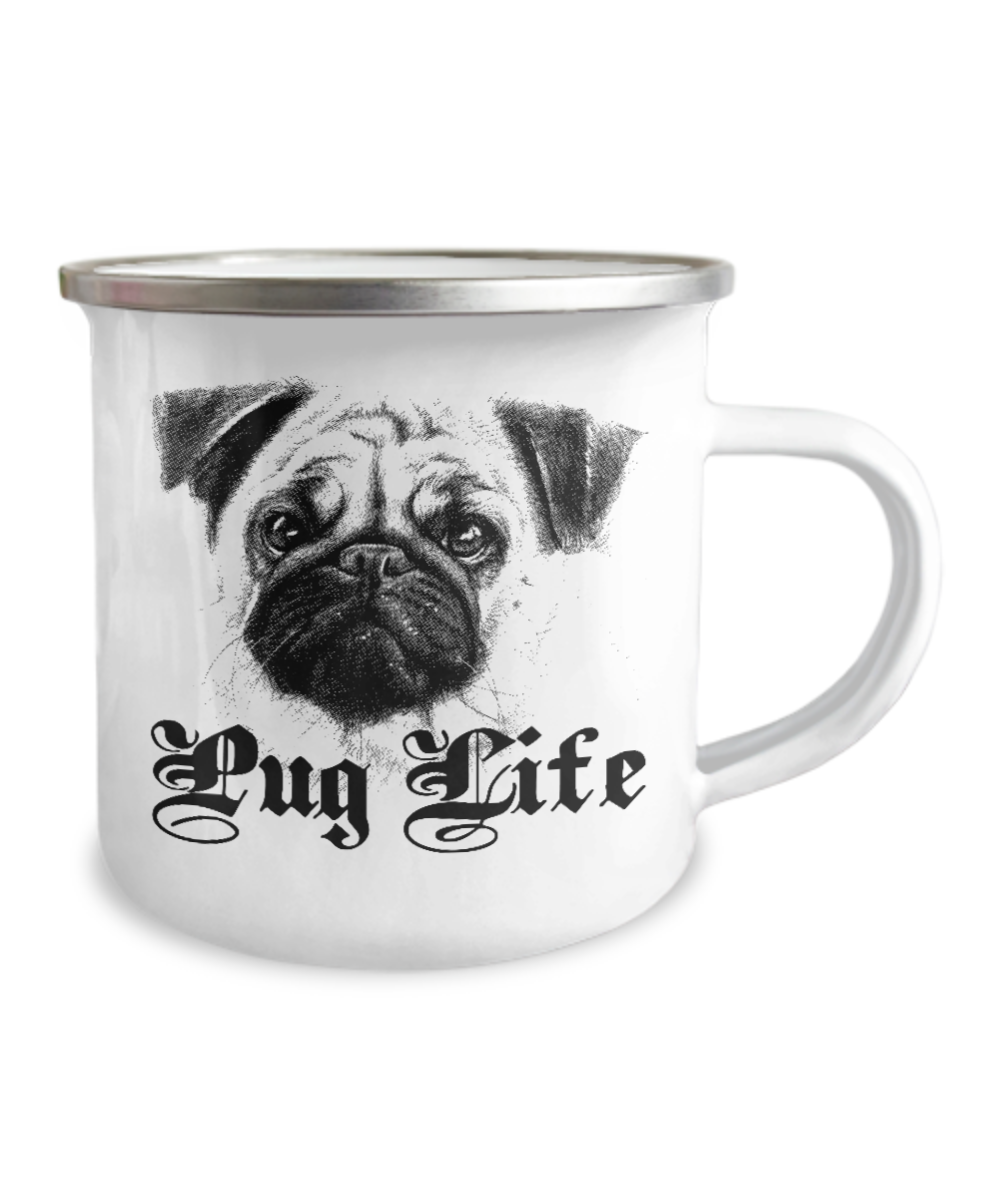 Coffee Mug For dog lovers , Pug Life - 12 Oz Stainless Steel Enamel Finish White Camper Coffee Mug