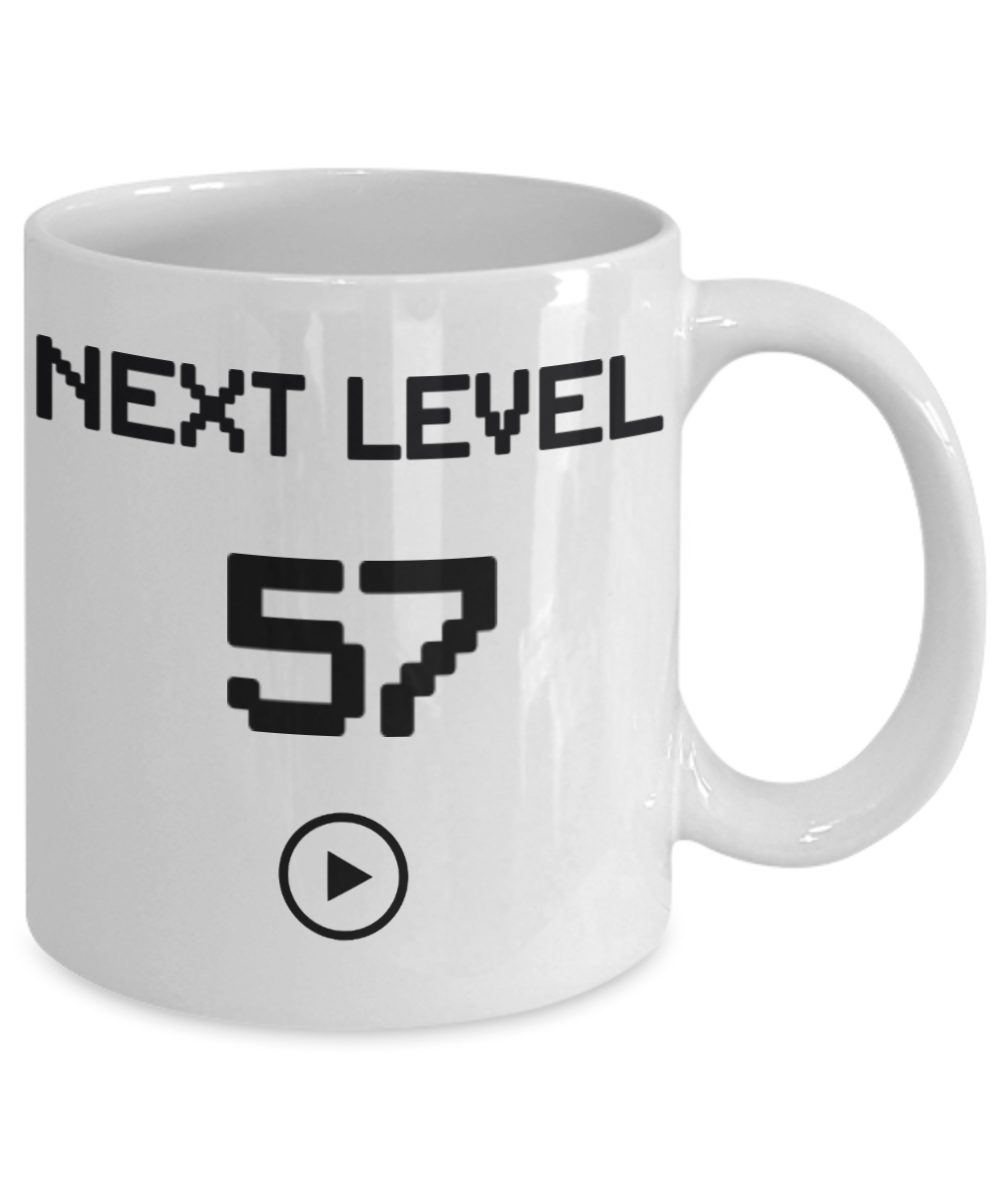 57th Birthday Coffee Mug, Next Level 57, Gamer Coffee Mug, Birthday Mug- White Porcelain Coffee Mug 11 Oz Birthday Coffee Mug