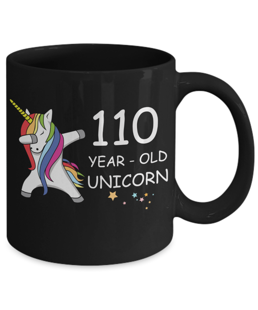 110th Birthday Gift for Women - 110 Year Old Unicorn Dabbing Mug - Funny Black Porcelain Coffee 11 oz for Grandma, Mom, Sister, Best Friend, Women, Her - Legends are Born In 1910