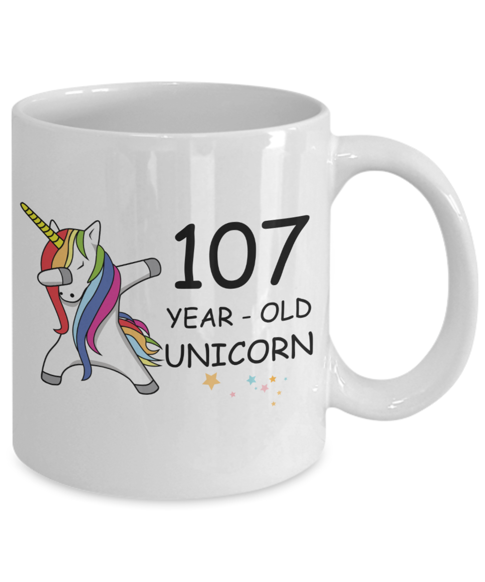 Unicorn Birthday gift 107th Birthday Gift for Women - 107 Year Old Unicorn Dabbing Mug - Funny White Porcelain Coffee 11 oz, 107th Anniversary Bday Gift for Grandma, Mom, Sister, Bestie - Legends are Born In 1913