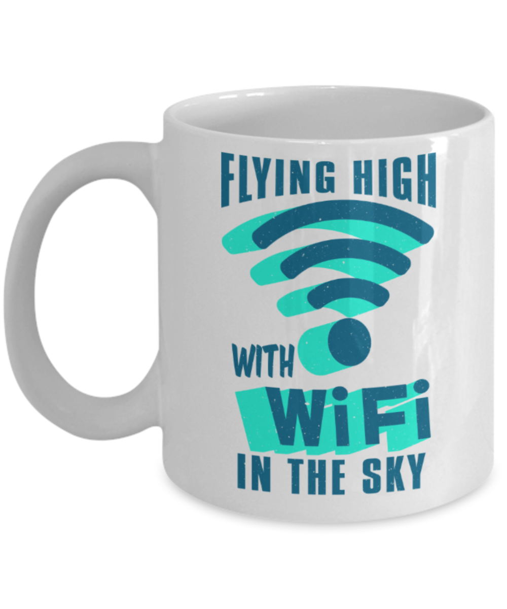 Wifi lovers Mugs, Flying high with wifi in the sky - Funny White Porcelain Coffee 11 oz