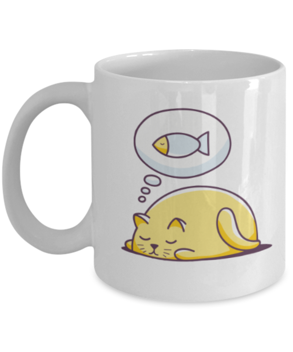 Gift gor cat lovers , Cats dreams fish - Black Coffee Mug Porcelain Tea Cup 11 oz - Great Gift