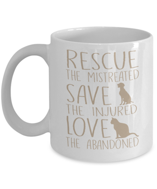 Gift gor dog lovers , Rescue Save Love - White Coffee Mug Porcelain Tea Cup 11 oz - Great Gift