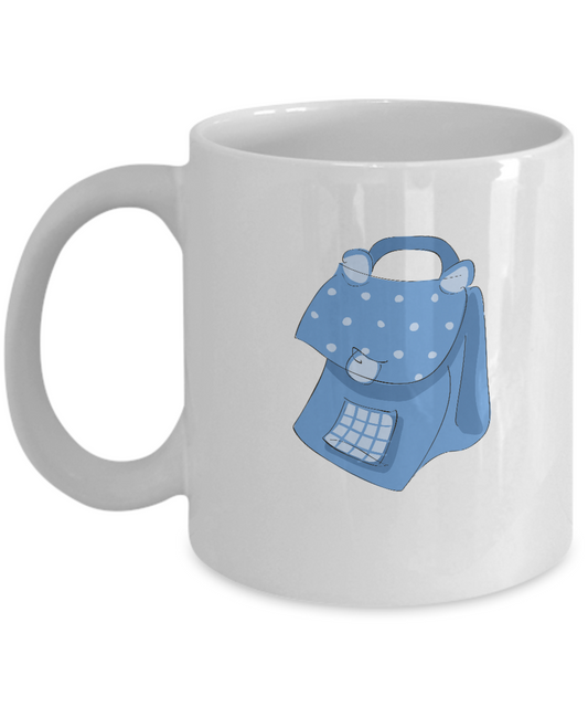 School Bag Blue White Mugs - Funny Coffee Mugs - White coffee mugs 11 oz