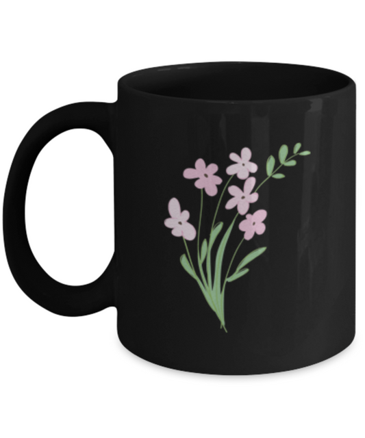 Bouquet Sprigs Pink Textured Black Mugs - Funny Black coffee mugs 11 oz