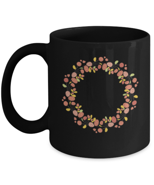 Wreath Autumn Roses Textured Black Mugs - Funny Black coffee mugs 11 oz