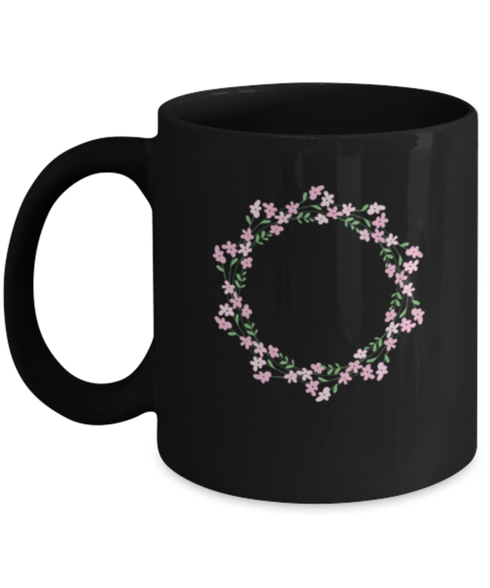 Wreath Pink Smooth Black Mugs - Funny Black coffee mugs 11 oz