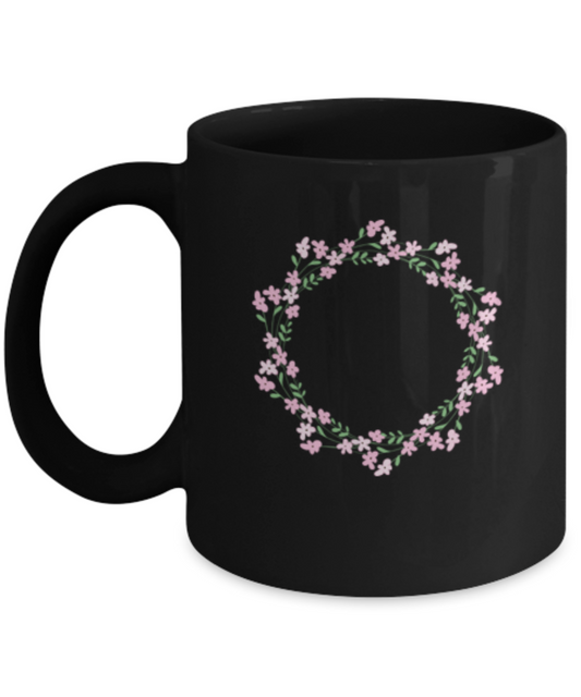 Wreath Pink Smooth Black Mugs - Funny Black coffee mugs 11 oz