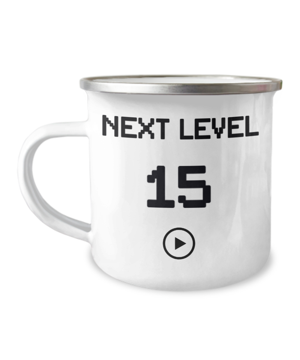 15th Birthday Gift Coffee Mug For Kids, Next Level 15, Gamer Coffee Mug, Birthday Mug- 12 Oz Stainless Steel Enamel Finish White Camper Coffee Mug
