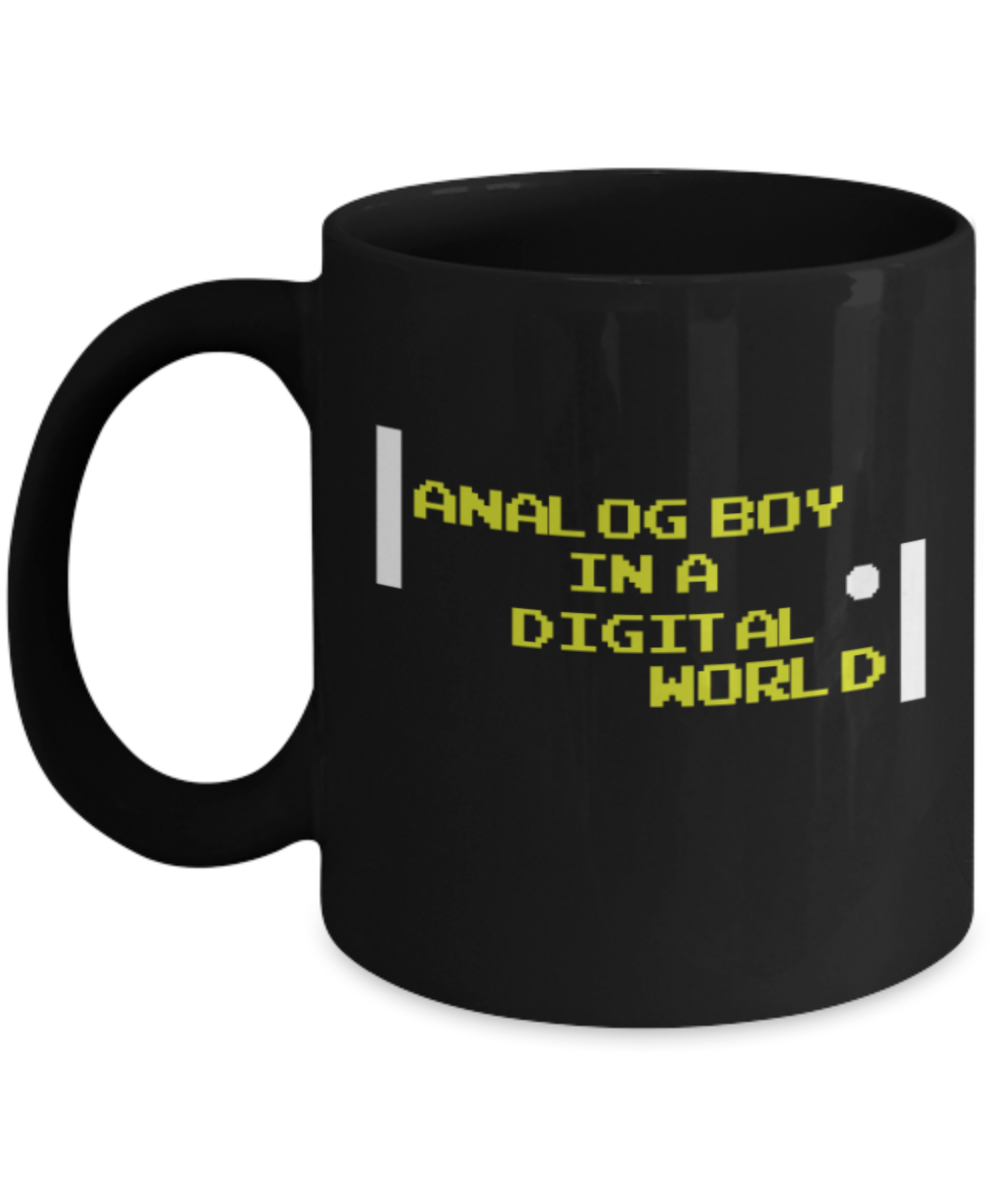 Electronics Lovers Mugs , Analog boy in a digital world - Black Coffee Mug Porcelain Tea Cup 11 oz - Great Gift
