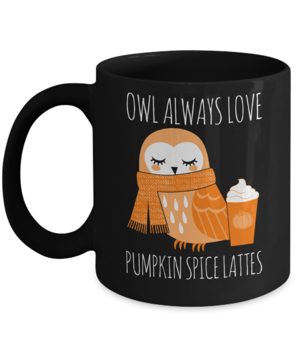 Latte Lovers Mugs , Owl loves Pumpkin spice lattes - Black Coffee Mug Porcelain Tea Cup 11 oz - Great Gift