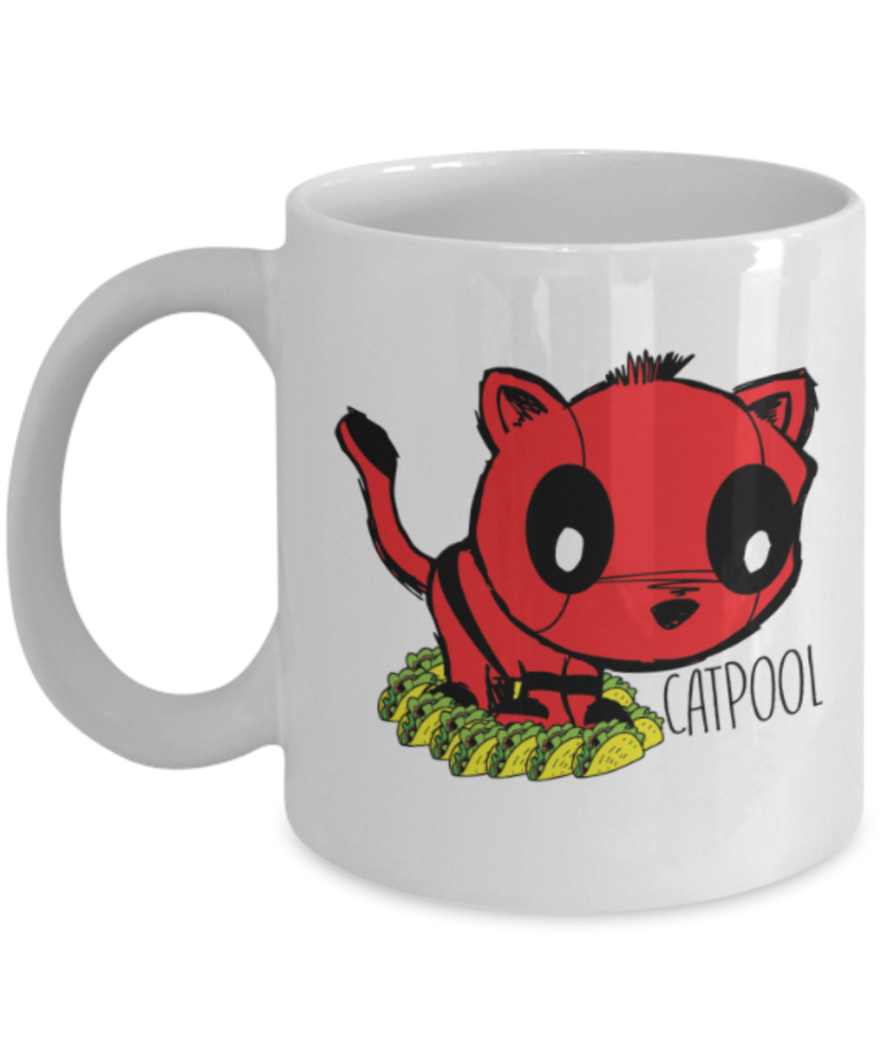 Gift gor cat lovers , Catpool - White Coffee Mug Porcelain Tea Cup 11 oz - Great Gift