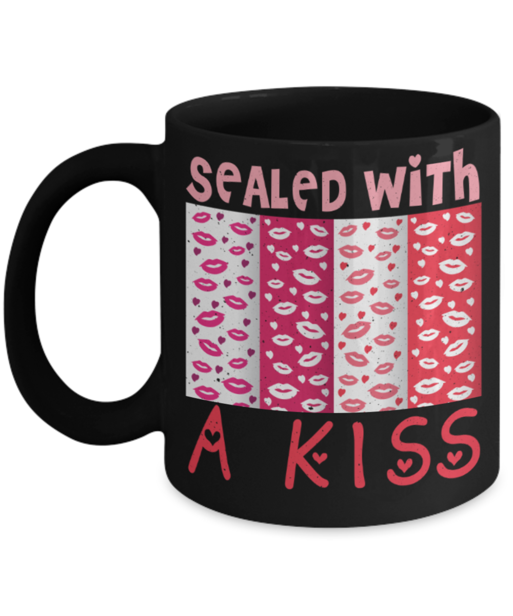 Kiss Lovers Mugs, Sealed with a Kiss - Funny Black Porcelain Coffee 11 oz