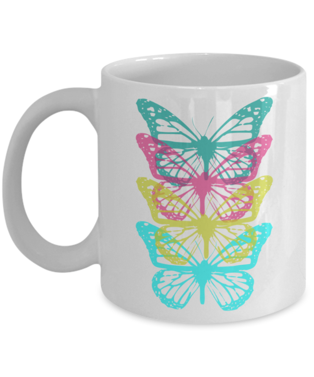 Gift gor Buterfly lovers , Butterfly rainbow - White Coffee Mug Porcelain Tea Cup 11 oz - Great Gift
